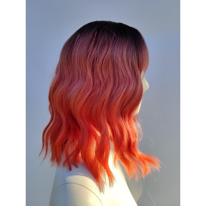 Peruka ombre do ramion fale z grzywką loki brzoskwiniowa pomarańczowa PK081