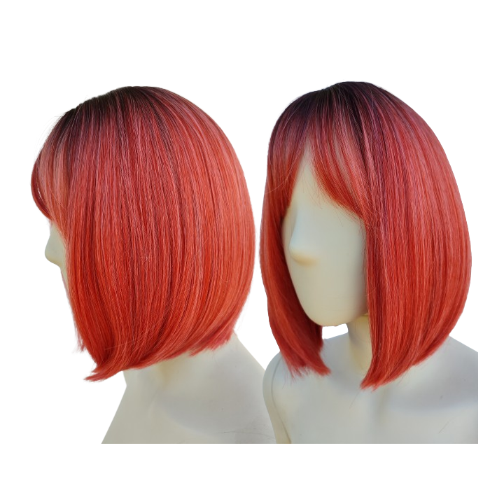 Peruka ombre bob z grzywką czerwona różowa PK112