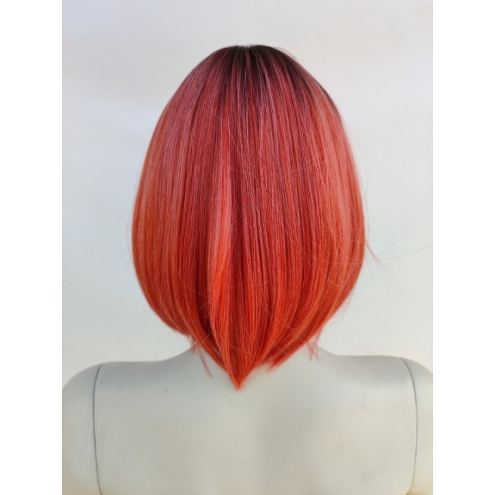 Peruka ombre bob z grzywką czerwona różowa PK112