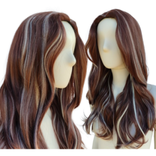 Peruka brązowa loki fale z białymi pasemkami balejaż PK145