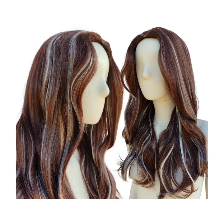 Peruka brązowa loki fale z białymi pasemkami balejaż PK145