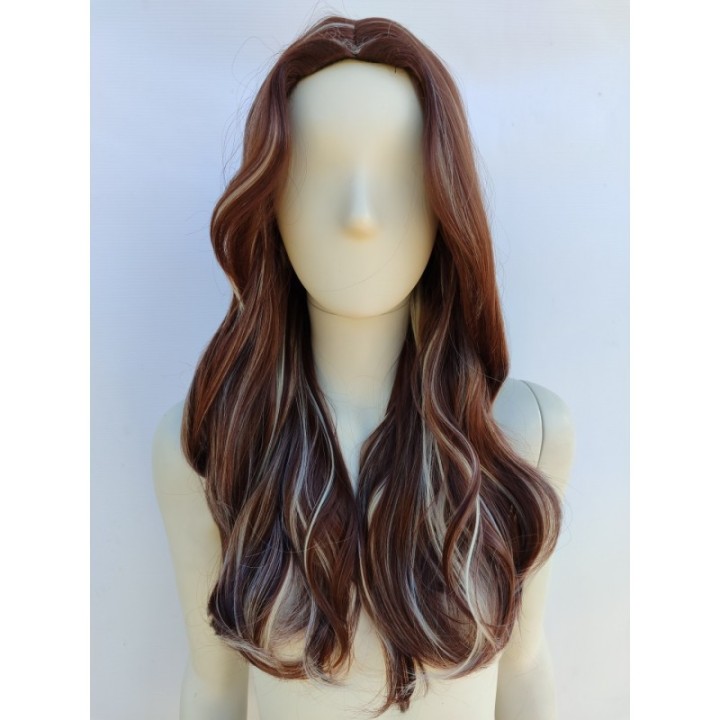 Peruka brązowa loki fale z białymi pasemkami balejaż PK145