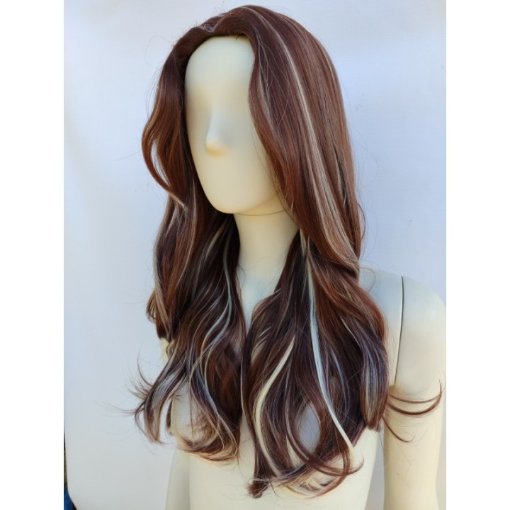 Peruka brązowa loki fale z białymi pasemkami balejaż PK145