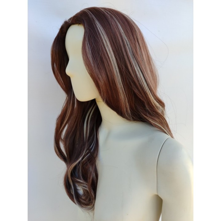 Peruka brązowa loki fale z białymi pasemkami balejaż PK145