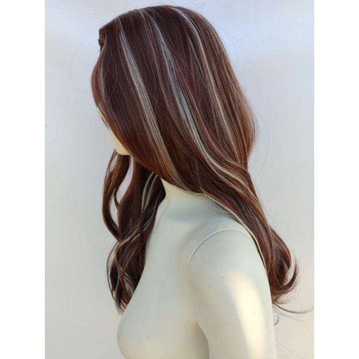 Peruka brązowa loki fale z białymi pasemkami balejaż PK145