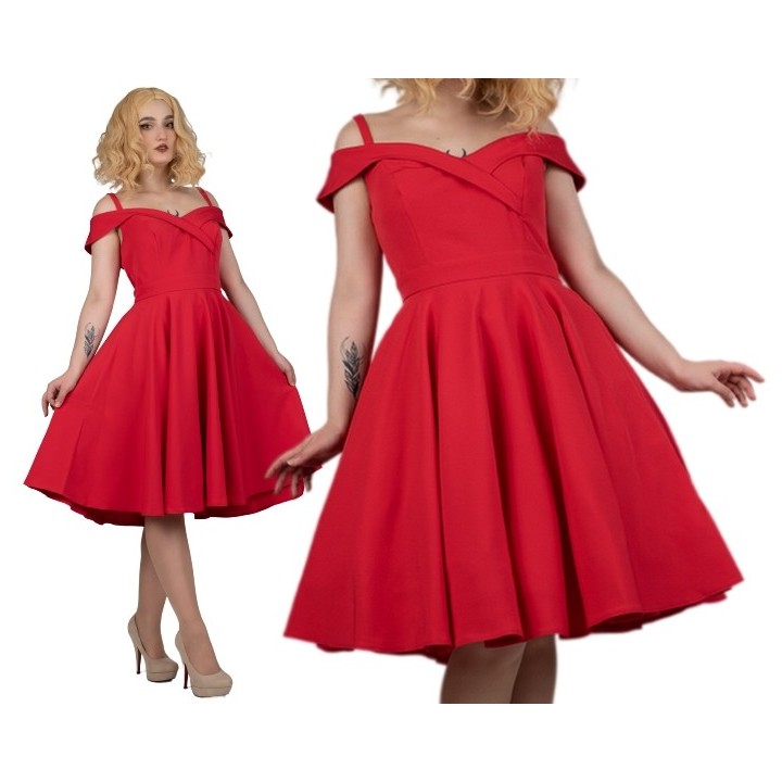 Czerwona sukienka hiszpanka PRODUKT POLSKI pin up rozkloszowana z koła midi