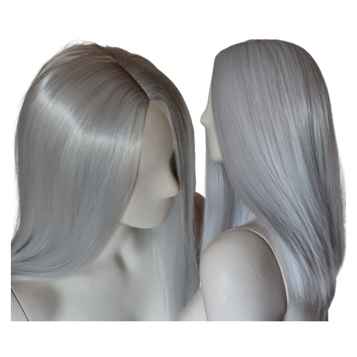 Peruka srebrna szara siwa longbob bez grzywki cosplay do ramion PK162