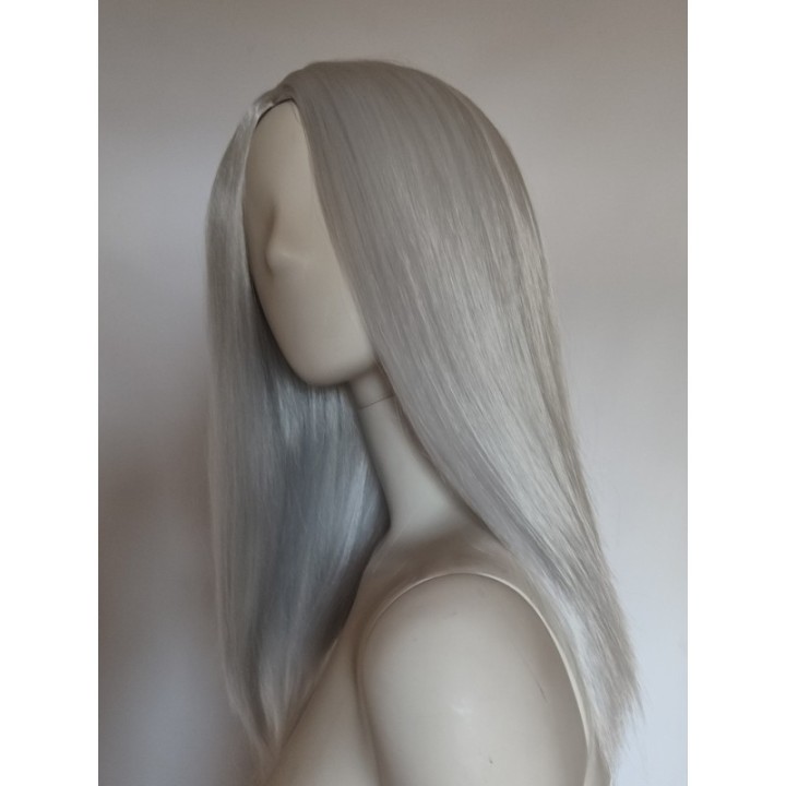 Peruka srebrna szara siwa longbob bez grzywki cosplay do ramion PK162
