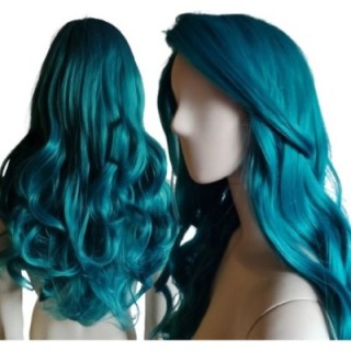 Peruka turkusowa loki fale bez grzywki długa morska PK125