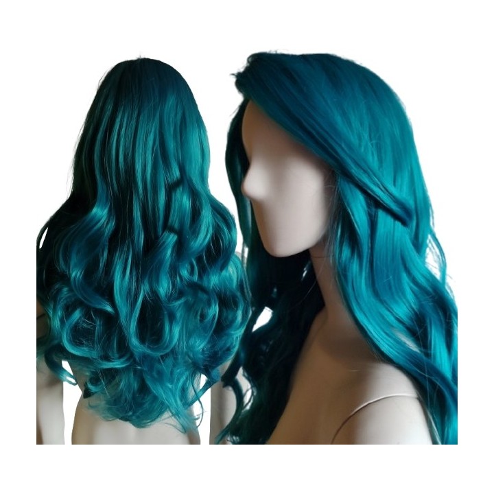 Peruka turkusowa loki fale bez grzywki długa morska PK125