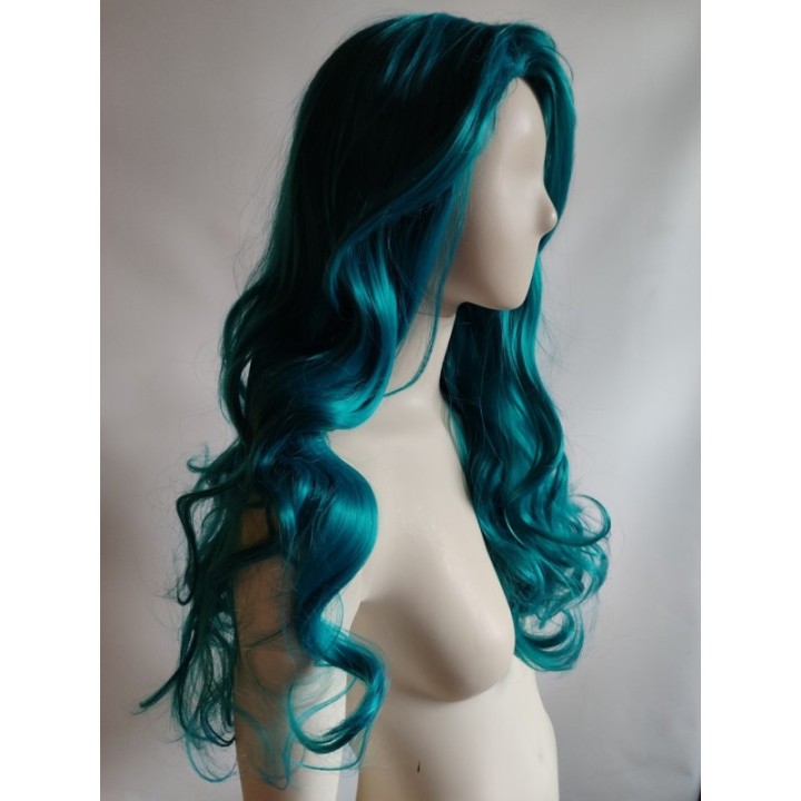 Peruka turkusowa loki fale bez grzywki długa morska PK125
