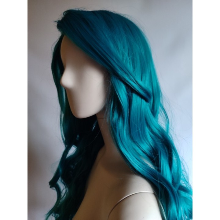 Peruka turkusowa loki fale bez grzywki długa morska PK125