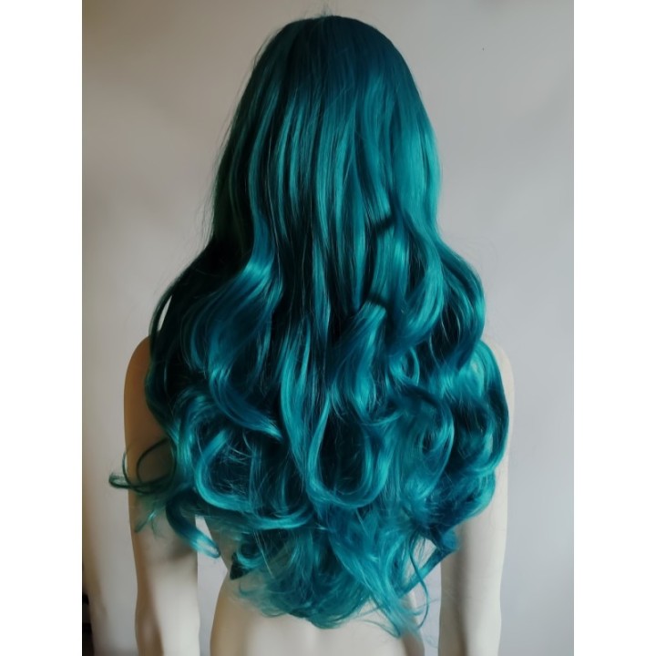 Peruka turkusowa loki fale bez grzywki długa morska PK125