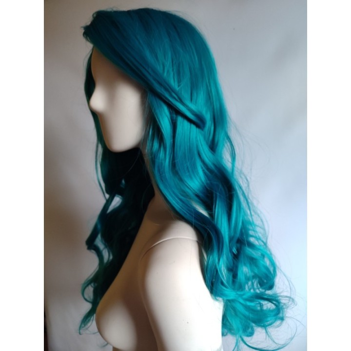 Peruka turkusowa loki fale bez grzywki długa morska PK125