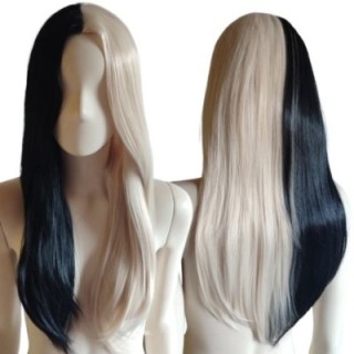 Peruka pół na pół czarna blond dwukolorowa bez grzywki biała PK097