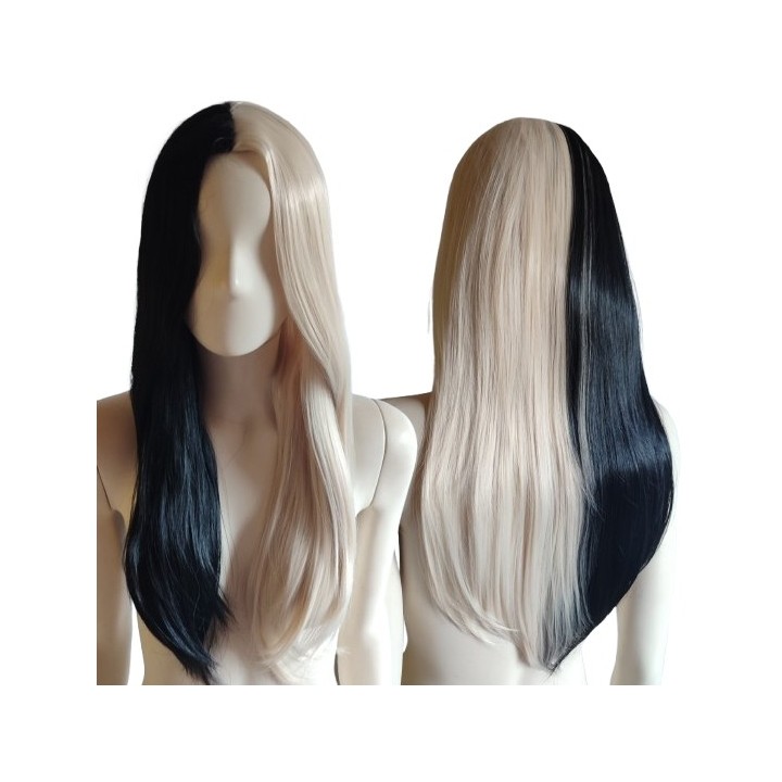 Peruka pół na pół czarna blond dwukolorowa bez grzywki biała PK097