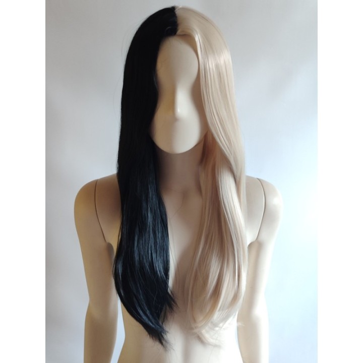Peruka pół na pół czarna blond dwukolorowa bez grzywki biała PK097