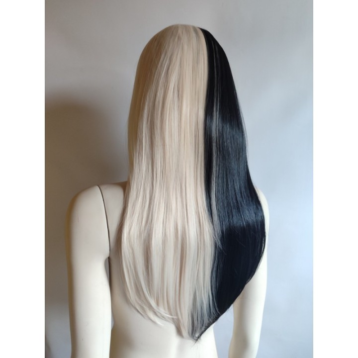 Peruka pół na pół czarna blond dwukolorowa bez grzywki biała PK097