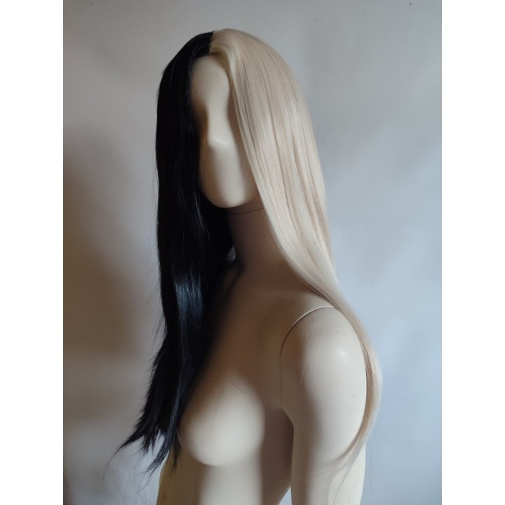 Peruka pół na pół czarna blond dwukolorowa bez grzywki biała PK097