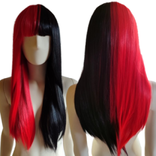 Peruka czarno czerwona dwukolorowa nu goth z prostą grzywką Harley Quinn PK170
