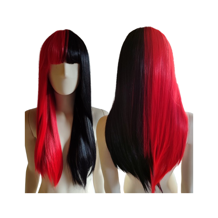 Peruka czarno czerwona dwukolorowa nu goth z prostą grzywką Harley Quinn PK170