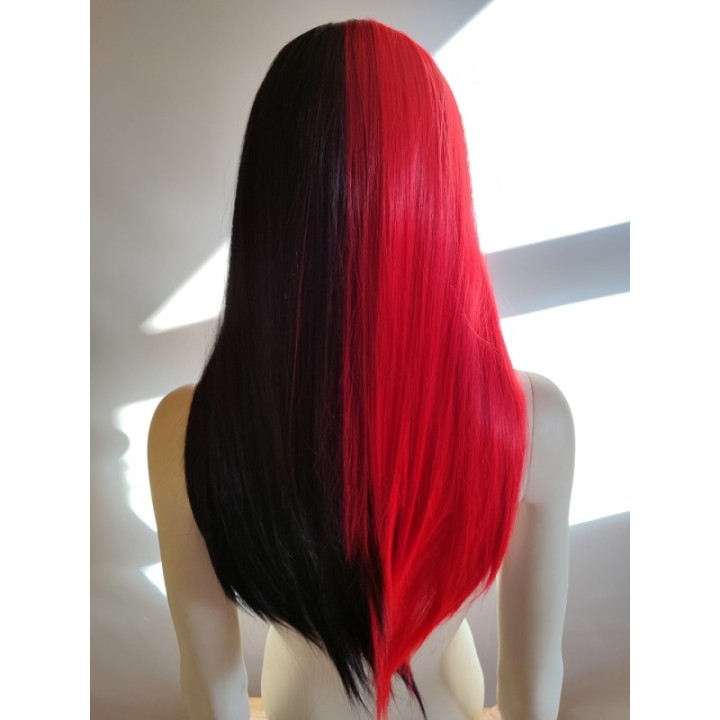 Peruka czarno czerwona dwukolorowa nu goth z prostą grzywką Harley Quinn PK170