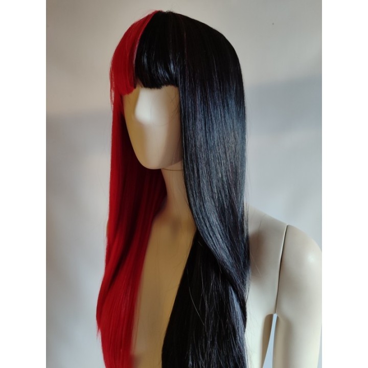 Peruka czarno czerwona dwukolorowa nu goth z prostą grzywką Harley Quinn PK170
