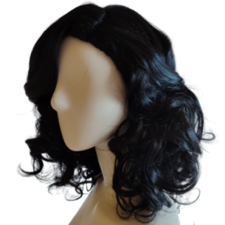 Peruka czarna retro gęste fale loki do ramion z przedziałkiem po boku PK200