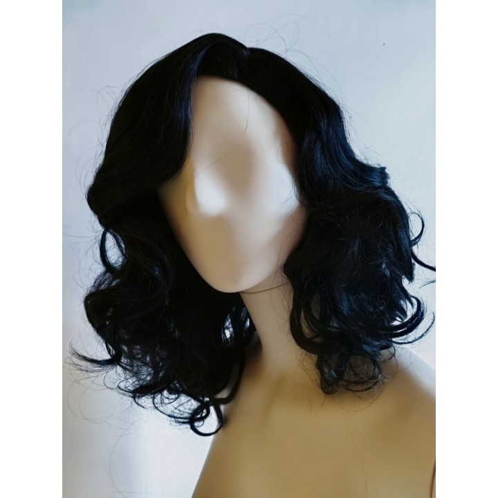 Peruka czarna retro gęste fale loki do ramion z przedziałkiem po boku PK200