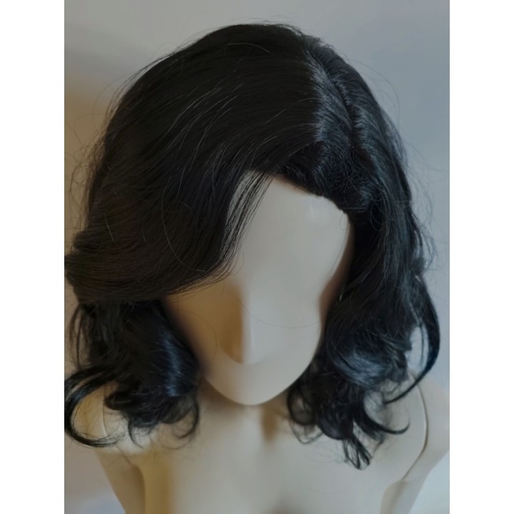 Peruka czarna retro gęste fale loki do ramion z przedziałkiem po boku PK200