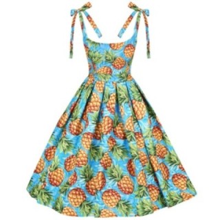 Sukienka pin up w ananasy niebieska retro rozkloszowana midi BARBIE