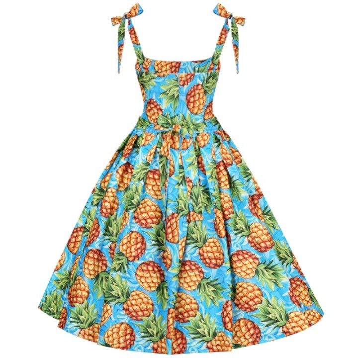 Sukienka pin up w ananasy niebieska retro rozkloszowana midi BARBIE