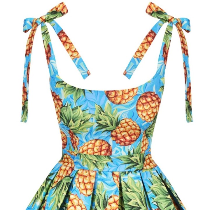 Sukienka pin up w ananasy niebieska retro rozkloszowana midi BARBIE