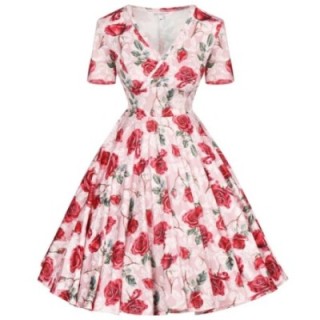 Sukienka pin up beżowa w czerwone róże kwiaty na komunie MONA