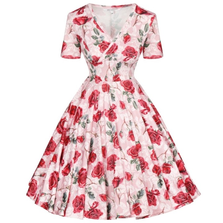 Sukienka pin up beżowa w czerwone róże kwiaty na komunie MONA