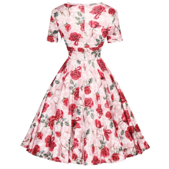 Sukienka pin up beżowa w czerwone róże kwiaty na komunie MONA