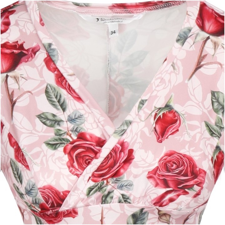 Sukienka pin up beżowa w czerwone róże kwiaty na komunie MONA