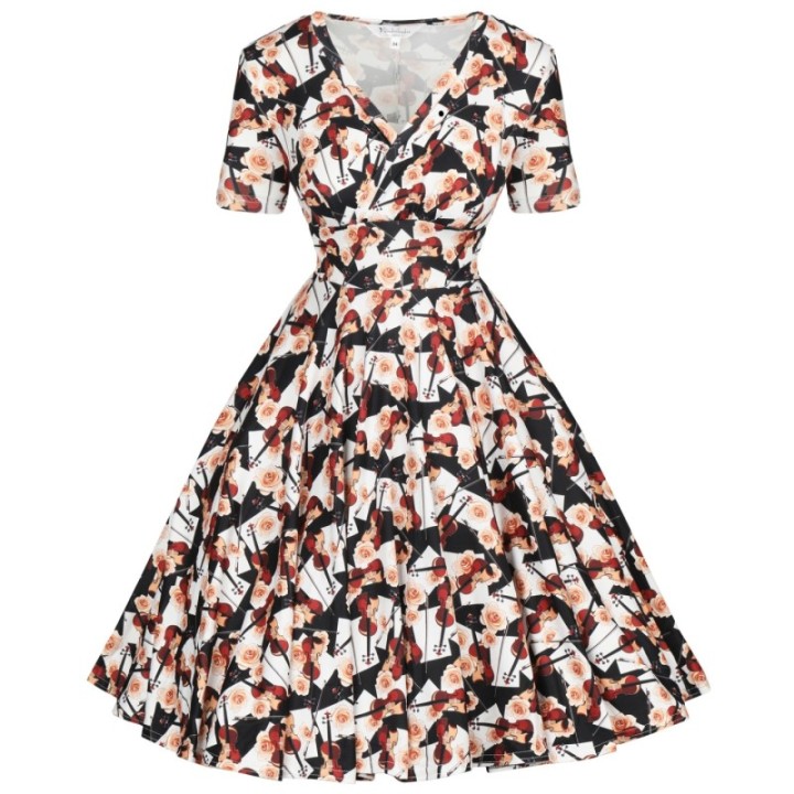 Sukienka pin up muzyczna w skrzypce róże czarno biała MONA