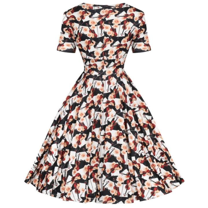Sukienka pin up muzyczna w skrzypce róże czarno biała MONA
