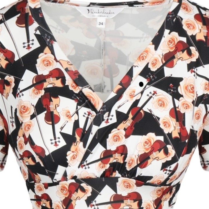 Sukienka pin up muzyczna w skrzypce róże czarno biała MONA