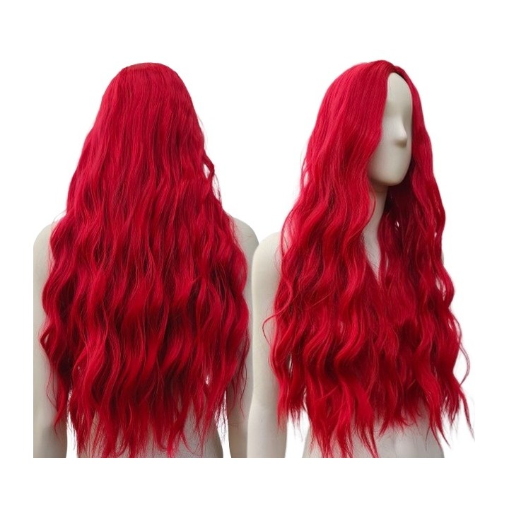 Peruka czerwona długa loki fale bez grzywki kręcone włosy PK057