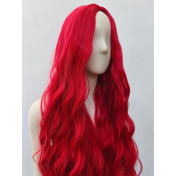 Peruka czerwona długa loki fale bez grzywki kręcone włosy PK057