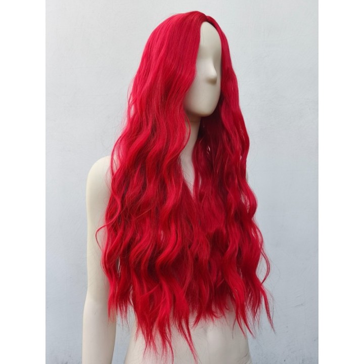 Peruka czerwona długa loki fale bez grzywki kręcone włosy PK057