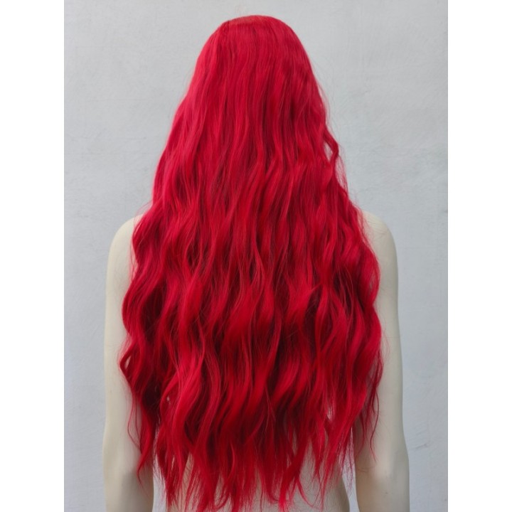Peruka czerwona długa loki fale bez grzywki kręcone włosy PK057