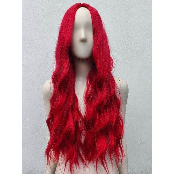 Peruka czerwona długa loki fale bez grzywki kręcone włosy PK057