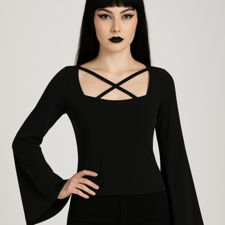 Bluzka czarna z szerokimi rękawami flare alternatywna gotycka SOL