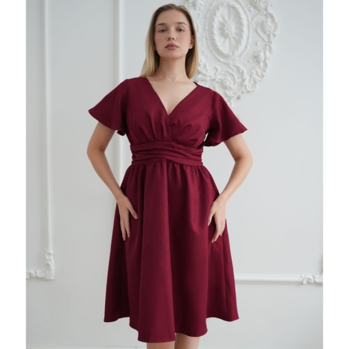 Sukienka BORDOWA wiśniowa midi z kopertowym dekoltem brokatowa elegancka