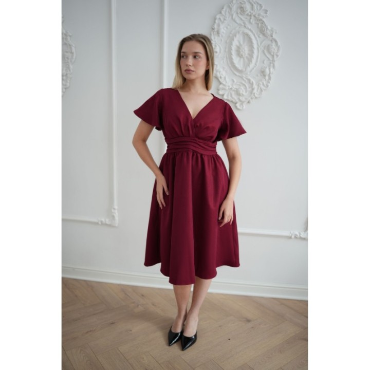 Sukienka BORDOWA wiśniowa midi z kopertowym dekoltem brokatowa elegancka