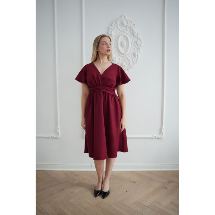 Sukienka BORDOWA wiśniowa midi z kopertowym dekoltem brokatowa elegancka