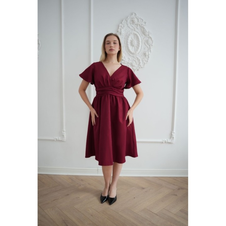 Sukienka BORDOWA wiśniowa midi z kopertowym dekoltem brokatowa elegancka